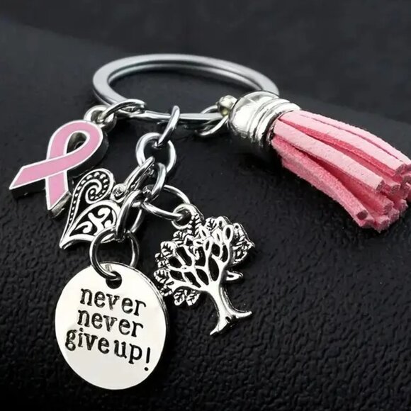 Breast Cancer Awareness Handbag Charm Set Keychain  "Never Give Up" Pink Ribbon - Picture 2 of 6